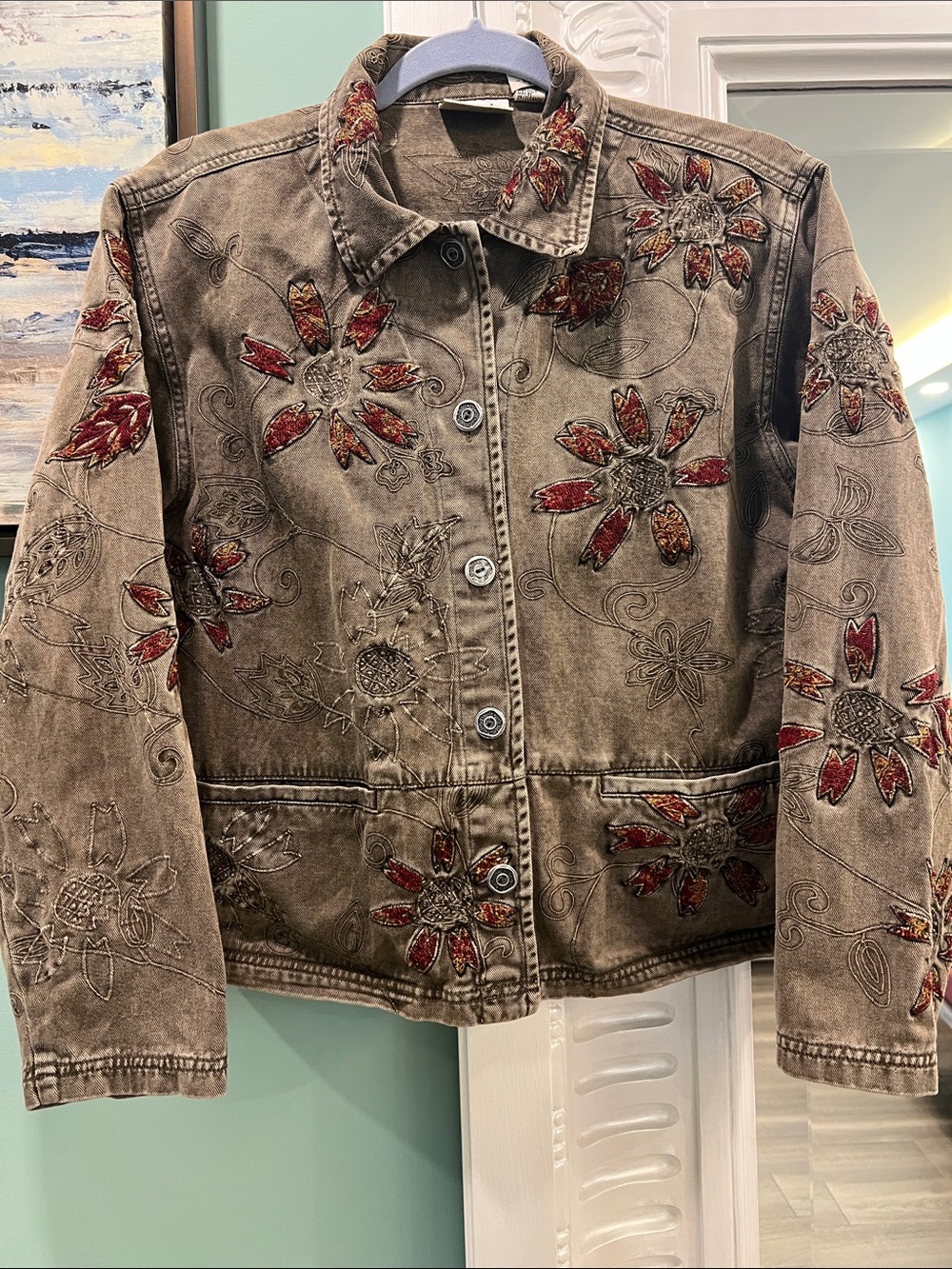 Chico's Brown Denim Jacket with Red Floral Embroidery